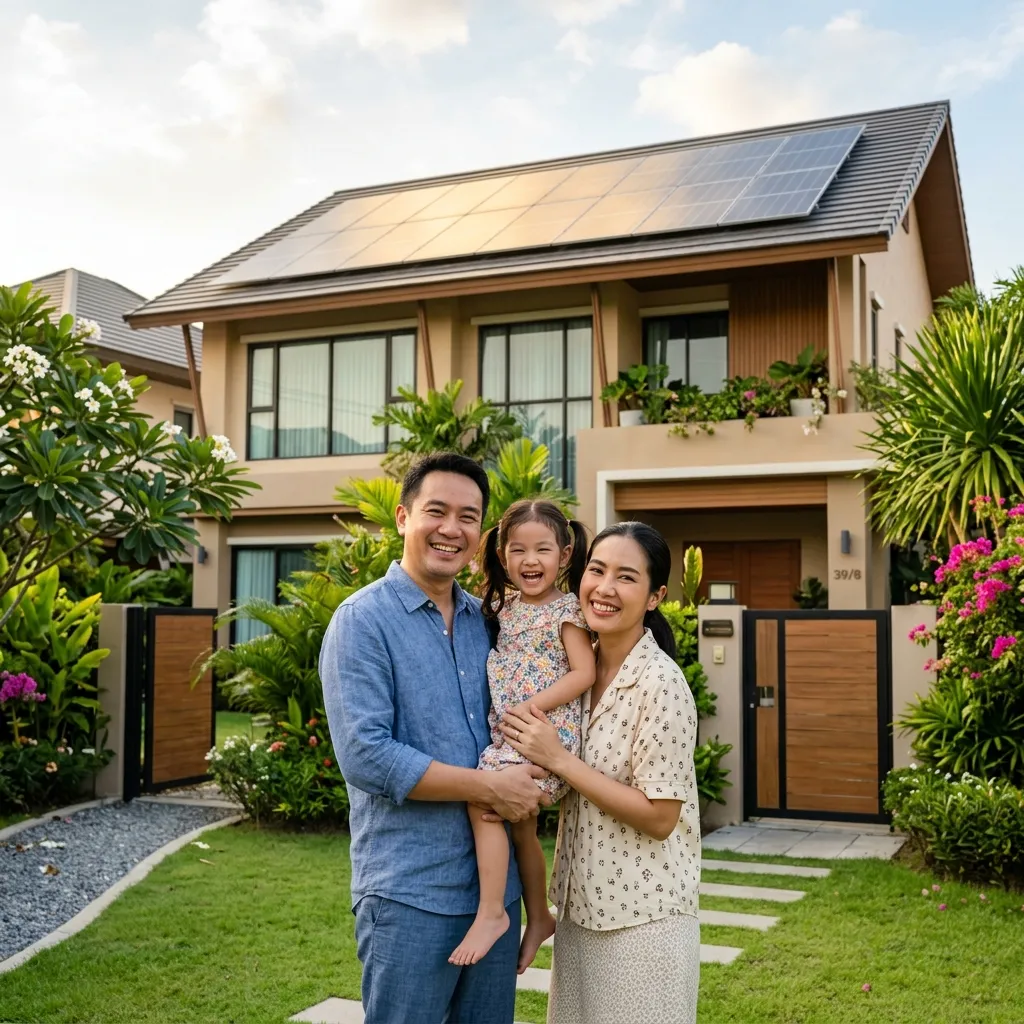 ครอบครัวมีความสุขกับบ้านประหยัดไฟด้วยโซลาร์เซลล์